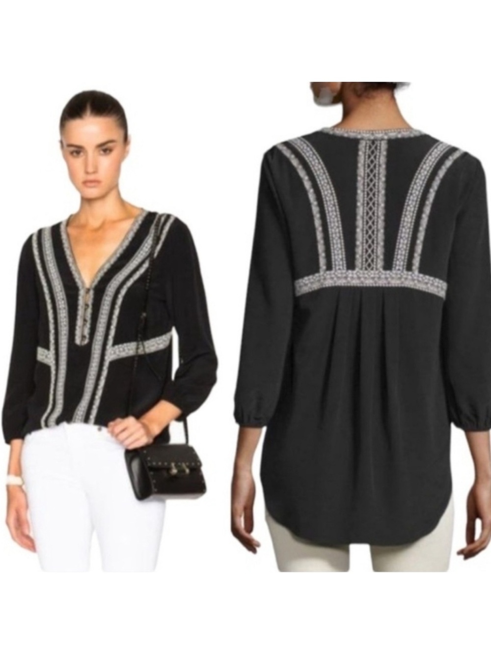 Veronica Beard black silk shirt with white embroidery hi-low hem and 3/4 sleeves
